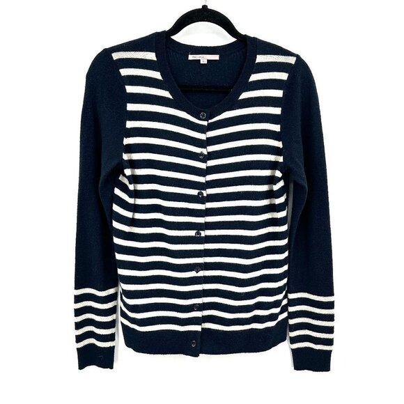 GAP Navy Blue White Wool Striped Sequin Button Up Cardigan Sweater Size Medium - Picture 1 of 5